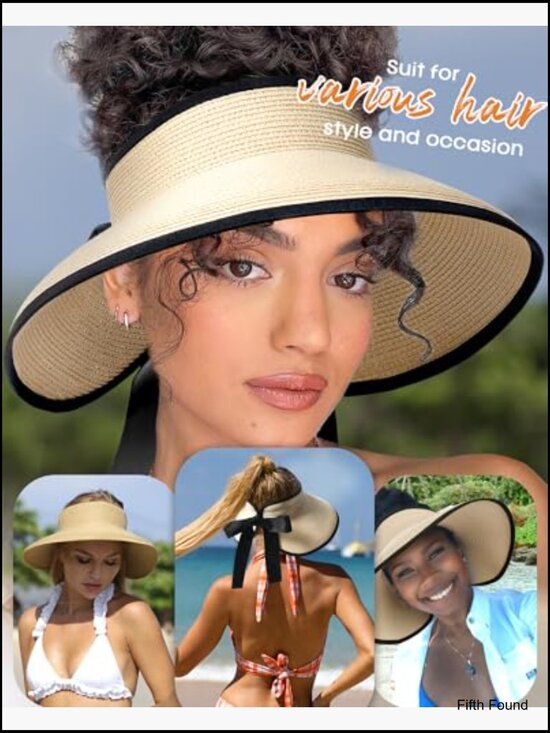 Wide Brim Straw Visor Hat Foldable Packable UPF 50+ Adjustable Summer Sun main image 6
